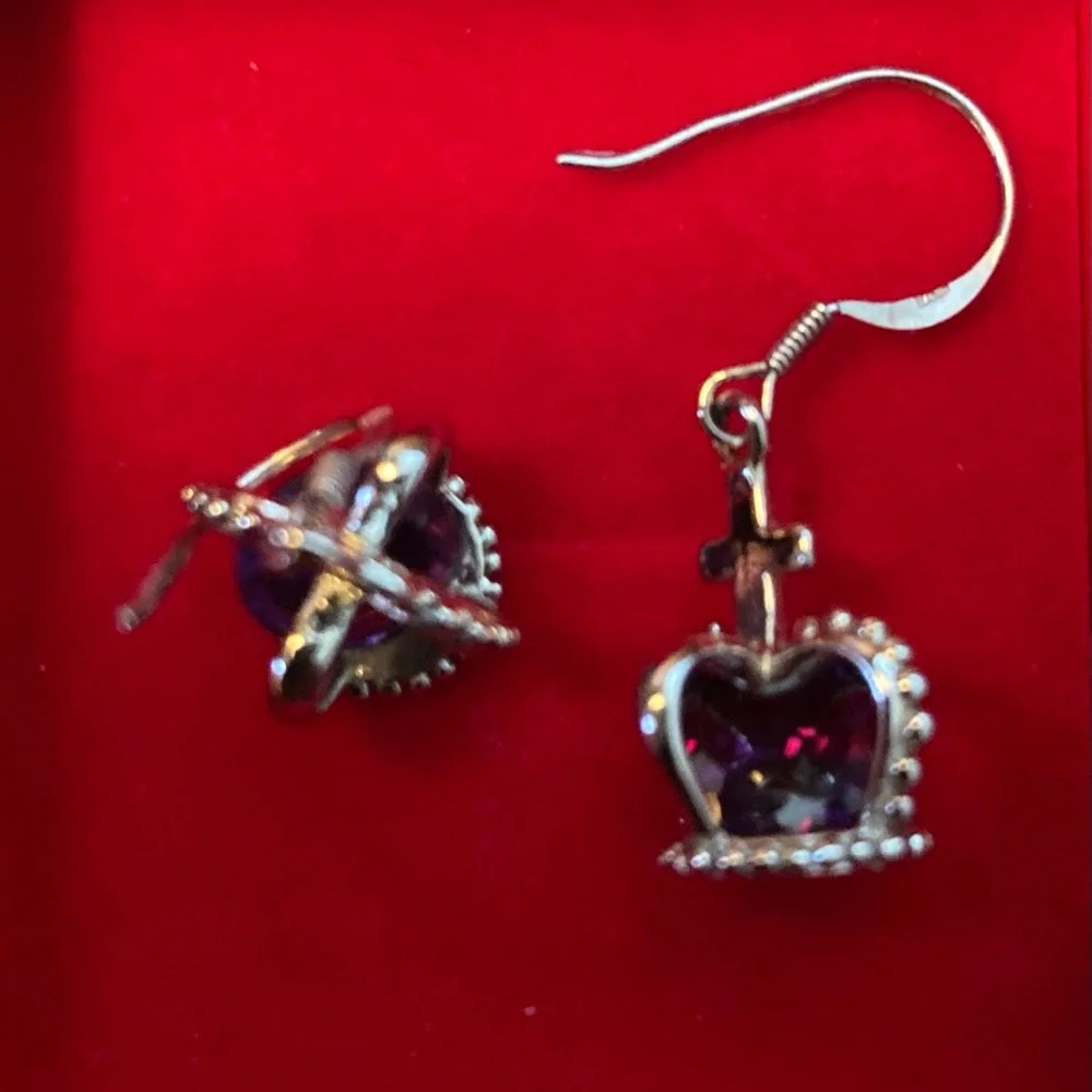 925 Silver Dangle Crown Earrings with Purple Jewels&Silver Toned CZ Bracelet - Picture 3 of 11